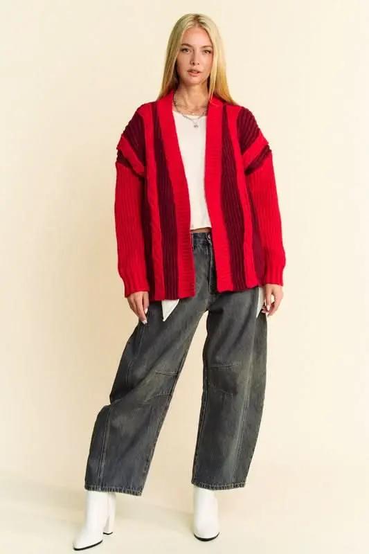 Davi & Dani Cable-Knit Color Block Open Front Cardigan - Love Salve